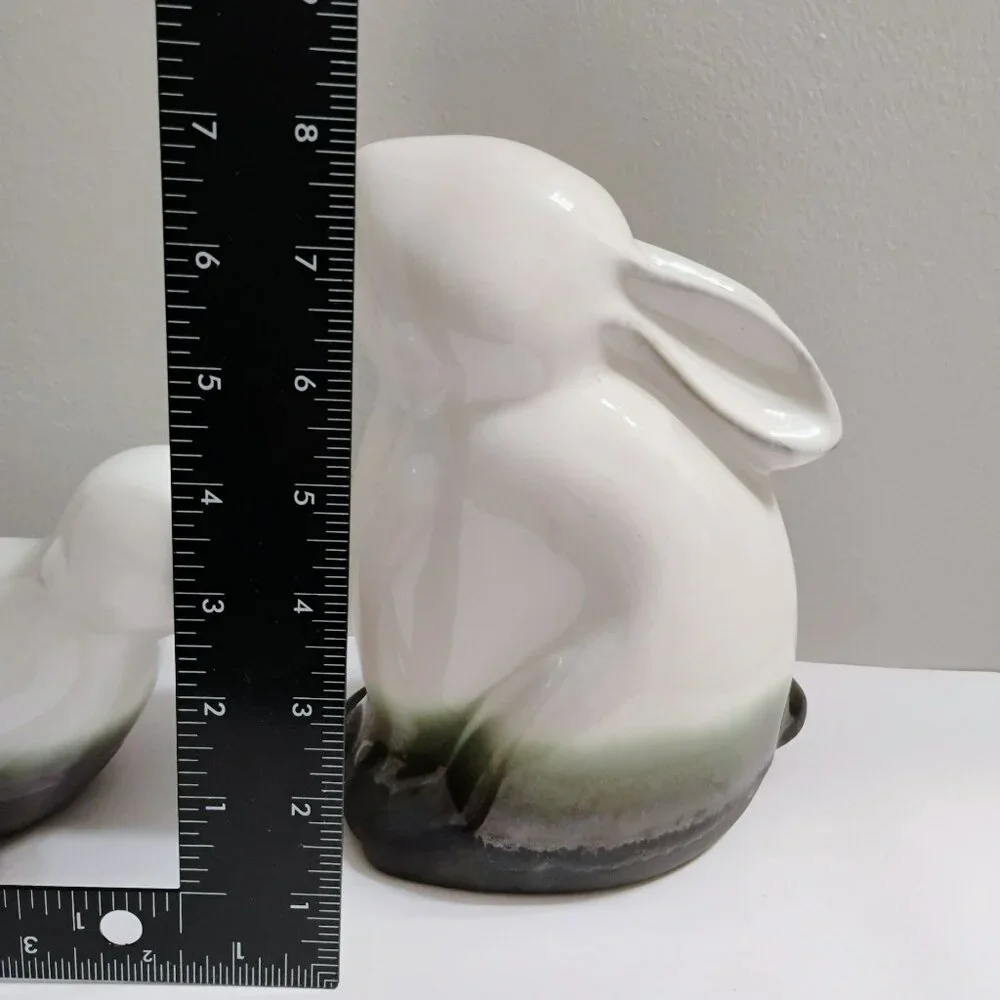 Pier 1 Green White Ceramic Bunny Bird Figurines Modern Sculpture Easter Spring